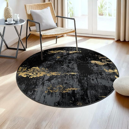 RELEANY Washable Area Rugs 4ft Non-Slip Modern Abstract Soft for Living Room Entryway Bedroom Kitchen, Print Pattern, Dark Black Gold