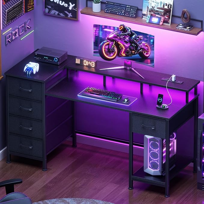 Korfile 47 Inch Computer Gaming Desk with Power Outlets & LED Lights Reversible Home Office Desk with Adjustable 5 Fabric Storage Drawers for Working Writing Study, Carbon Fiber Black