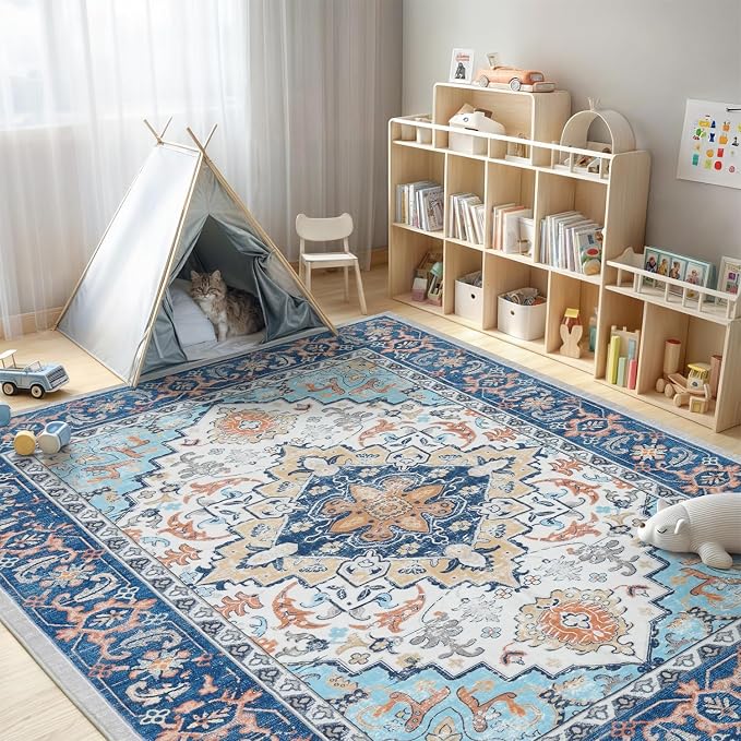 Lofus 5x7 Area Rugs for Living Room, Washable Area Rug, Rugs for Bedroom, Kitchen, Vintage Boho Carpet, Soft Non-Slip, Low Pile Large Area Rug for Office Dining Room, Floral Blue