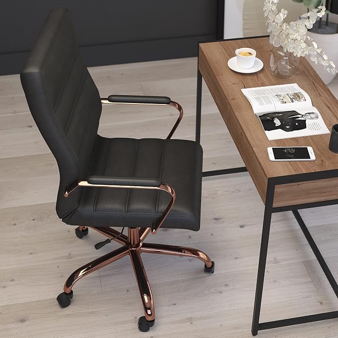 Merrick Lane Milano Contemporary High-Back Black Faux Leather Home Office Chair with Padded Rose Gold Arms