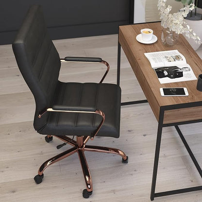 Merrick Lane Milano Contemporary High-Back Black Faux Leather Home Office Chair with Padded Rose Gold Arms