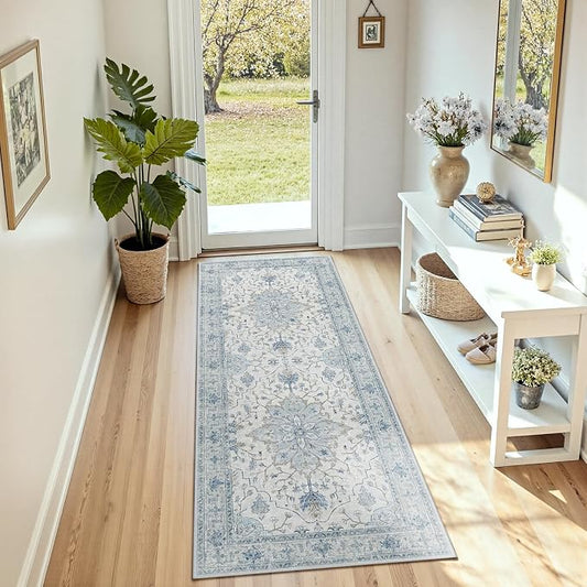 RELEANY Area Rugs Runner 2'x5' Washable Non-Slip, Floral Vintage Distress Medallion Carpet for Kitchen Hallway Bedroom Beside Laundry Room Bathroom, Light Blue Navy Gray White