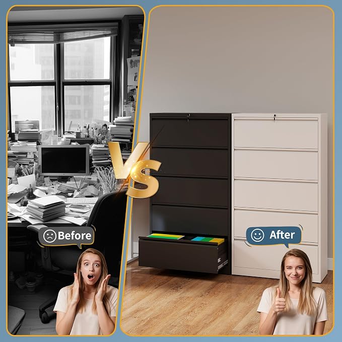5 Drawer File Cabinet with Lock, Lateral Filing Cabinets,Metal Storage Filing Cabinets for Home Office, Heavy Duty File Cabinet for Letter/Legal/A4/F4 Size Amsseble Required, White