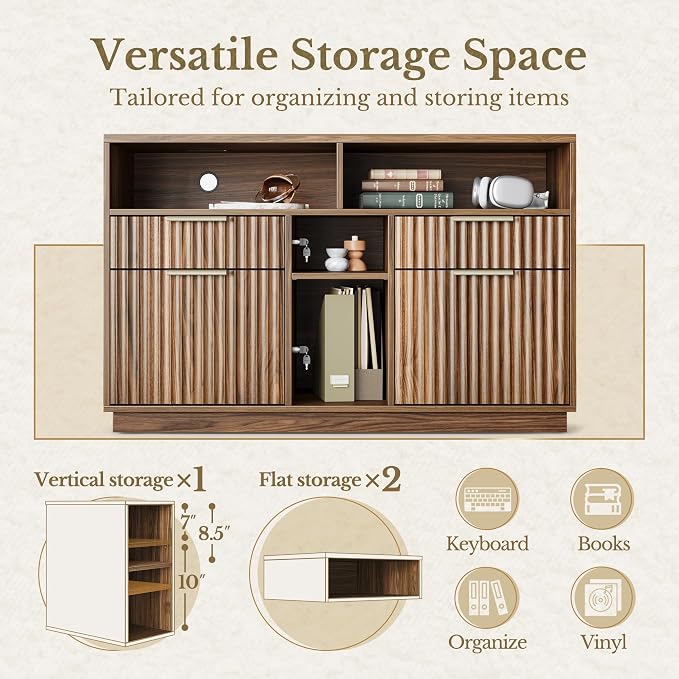 4 Drawer File Cabinet, Fluted Wood Lateral Filing Cabinet with Lock and Charging Station for Home Office, Printer Stand with Open Storage Shelves, Fits A4, Letter Size, Black Waulnut