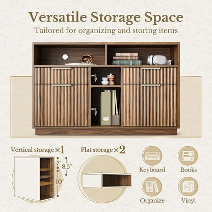 4 Drawer File Cabinet, Fluted Wood Lateral Filing Cabinet with Lock and Charging Station for Home Office, Printer Stand with Open Storage Shelves, Fits A4, Letter Size, Black Waulnut
