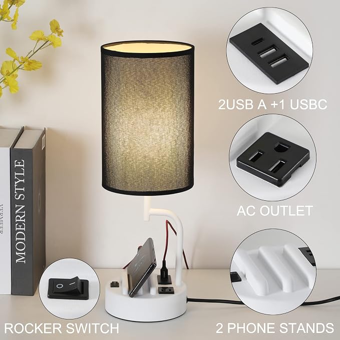 Dreamholder Table Lamp with 3 USB Charging Ports, Modern Desk Lamp with AC Outlet and Phone Stands, Perfect Bedside Lamp for Bedroom, Living Room, Office (Pack of 2), White&Black