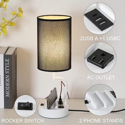 Dreamholder Table Lamp with 3 USB Charging Ports, Modern Desk Lamp with AC Outlet and Phone Stands, Perfect Bedside Lamp for Bedroom, Living Room, Office (Pack of 2), White&Black
