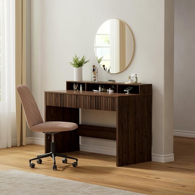 EYYTHUNG Fluted Executive Desk with Storage Shelf, 47" Modern Wood Home Office Desk with Long Monitor Stand & 2 Drawers, Writing Study Computer Table Vanity Desks, Brown