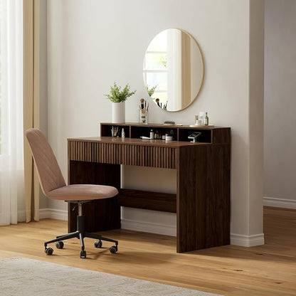 EYYTHUNG Fluted Executive Desk with Storage Shelf, 47" Modern Wood Home Office Desk with Long Monitor Stand & 2 Drawers, Writing Study Computer Table Vanity Desks, Brown