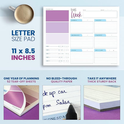 Weekly Planner Pad - Undated Planner - To Do List Notepad - Habit Tracker - 11 x 8.5" - 52 Tear-Off Sheets - Daily Planner Undated for Home Work Office Business - Goal Planner - Cute Planner (Purple)