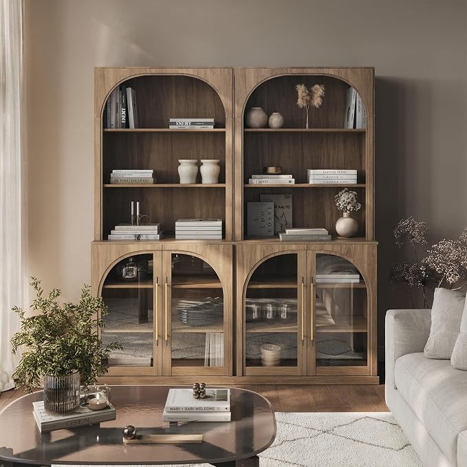 BELLEZE Set of 2 Pantry Storage Cabinet with Hutch, Modular Cabinet with Adjustable Shelves for Organizing, Visible Storage with Glass Door, Wood Highboard for Living Room and Home Office, Camel