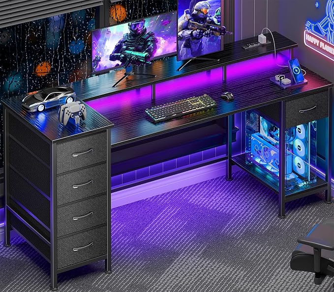 Korfile 61 Inch Computer Gaming Desk with Power Outlets & LED Lights Reversible Home Office Desk with Adjustable 5 Fabric Storage Drawers for Working Writing Study, Black