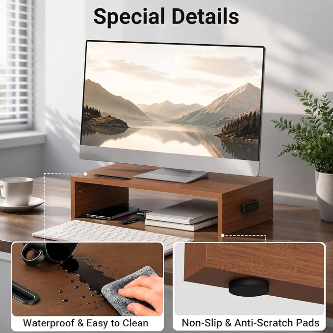 BONTEC Monitor Stand Riser with Cellphone Holder & Cable Management, 16.7 Inch Wood Monitor Riser Stand, Desktop Stand for PC/TV/Laptop/Printer, Walnut
