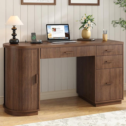 ONBRILL 58 Inch Fluted Executive Desk, Computer Desk with Storage Drawers & File Drawer, Modern Home Office Desk with Charging Station for Working, Studying, Writing, Walnut