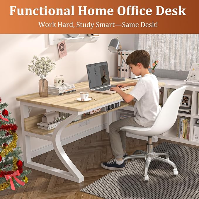 55 inch Computer Desk, Home Office Desk with Storage Shelf, Sturdy U-Shaped Metal Frame Study Table with Cable Management, Gaming Desk for Office & Bedroom (Light Walnut, 55inch)