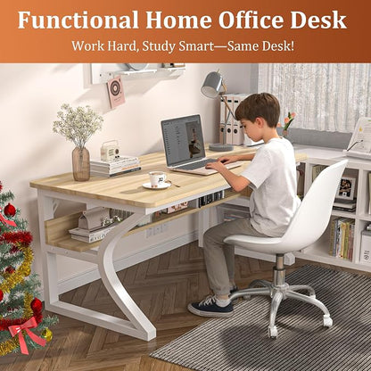47 inch Computer Desk, Home Office Desk with Storage Shelf, Sturdy U-Shaped Metal Frame Study Table with Cable Management, Gaming Desk for Office & Bedroom (Light Walnut, 47inch)