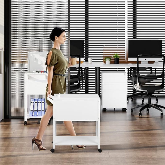 Mobile File Cart with Lock, Rolling File Cabinet Hanging Letter/Legal File Folders with Lockable Sliding Cover, White File Organizer on Wheels
