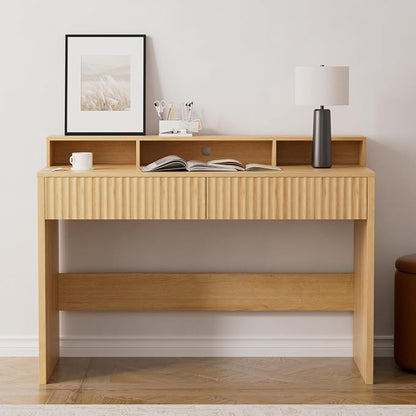 47" Executive Desk with Fluted Drawer, Modern Home Office Desk with Long Monitor Stand and 2 Drawers, Computer Writing Desk for Study Office Vanity, Natural Oak
