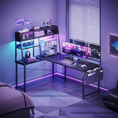 AODK L Shaped Gaming Desk with Led Lights, 51 Inch Reversible Gaming Computer Desk with Display Shelves, PC Gamer Desk Gamer Table with Storage Bag, L Desk for Game, Black
