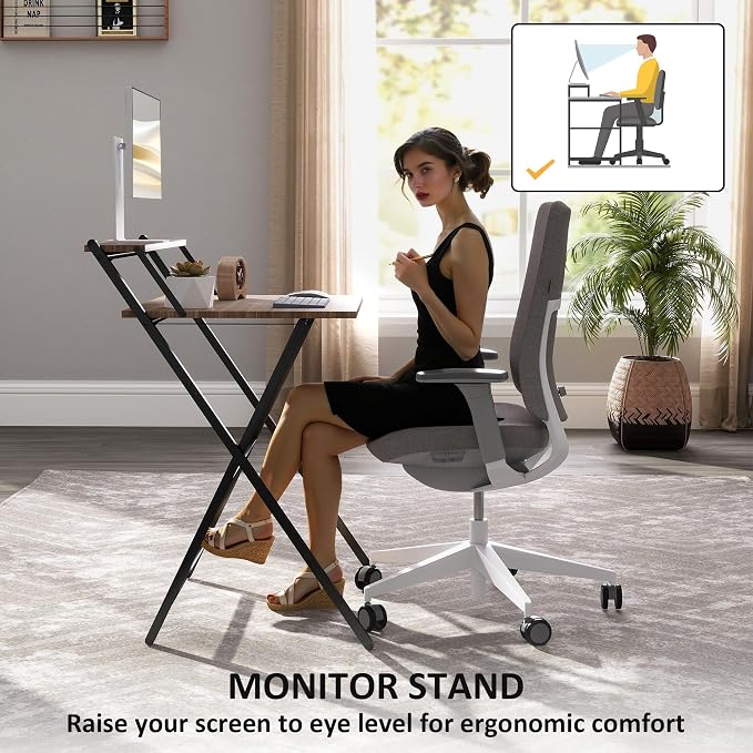 HOMCOM Small Folding Desk, 27.6 Inch Foldable Computer Desk with Monitor Shelf, Space Saving Portable Writing Table for Small Spaces, Home Office, Study, Easy Assembly, Walnut