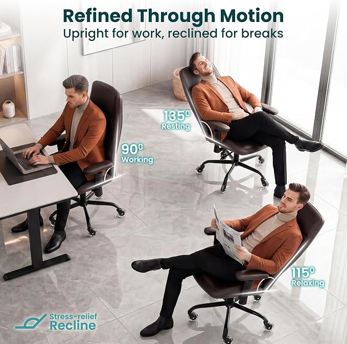 NEO CHAIR Ergonomic Leather Office Desk Chair with Adjustable Height Armrests High Back Lumbar Support Swivel Executive Computer Chair with Wheels Comfy Home Office Chair for Adults (Dark Brown)