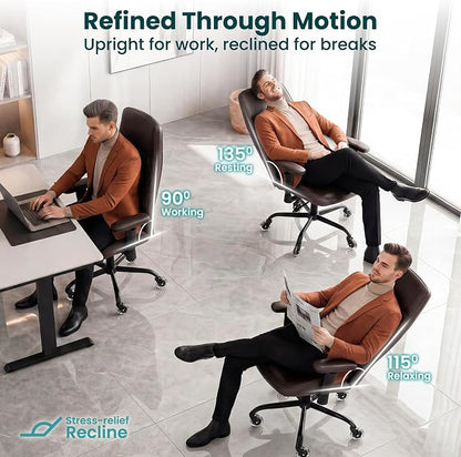 NEO CHAIR Ergonomic Leather Office Desk Chair with Adjustable Height Armrests High Back Lumbar Support Swivel Executive Computer Chair with Wheels Comfy Home Office Chair for Adults (Dark Brown)