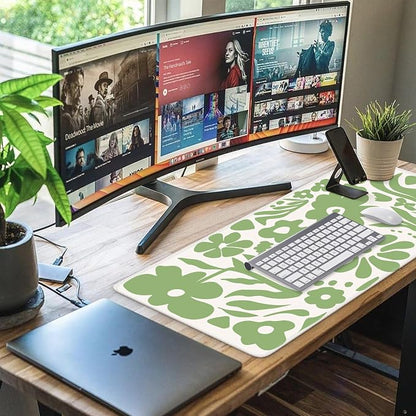 iCasso Desk Mat, XXL Large Anti-Slip Mouse Pad with Stitched Edges, Keyboard Mat for Work, Gaming (Green Flowers)