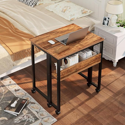 GreenForest Folding Desk with Wheels, 24.8 Inch Compact Rolling Computer Table with Storage Shelf, Portable Mobile Workstation for Small Spaces, Easy Assembly,Walnut