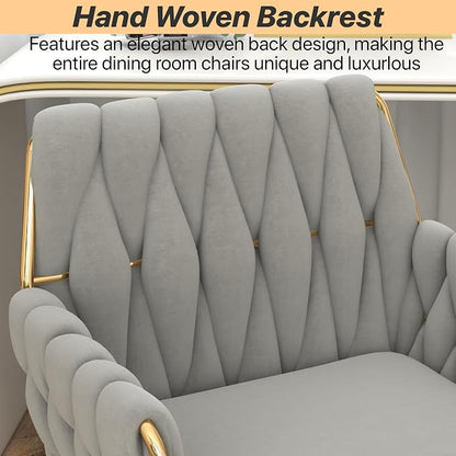 Velvet Home Office Chair, Modern Height Adjustable Cute Vanity Chair, 360° Swivel Makeup Chair Desk Chair with Golden Base and Hand Woven Backrest for for Bedroom/Study/Vanity(Light Gray)