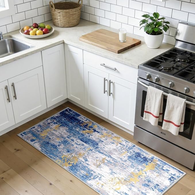 RELEANY Washable Area Rugs 2'x5' Non-Slip Modern Abstract Soft for Living Room Entryway Bedroom Kitchen, Print Pattern, Grey Blue Gold/Golden