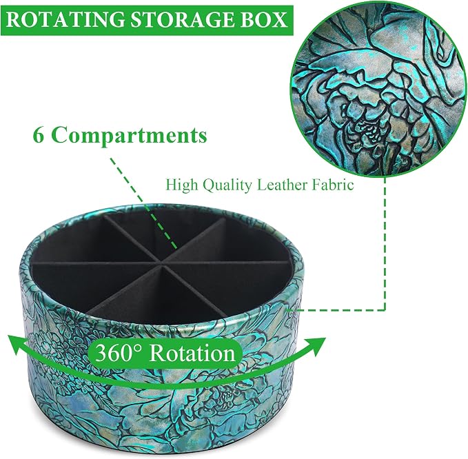 Remote Control Holder, 360°Spinning PU Leather Desk TV Remote Caddy,Desk Storage Box Room Accessories for Controller, Media,Mail,Calculator, Mobile Phone,Pencil(1B-Rich Flower Green)