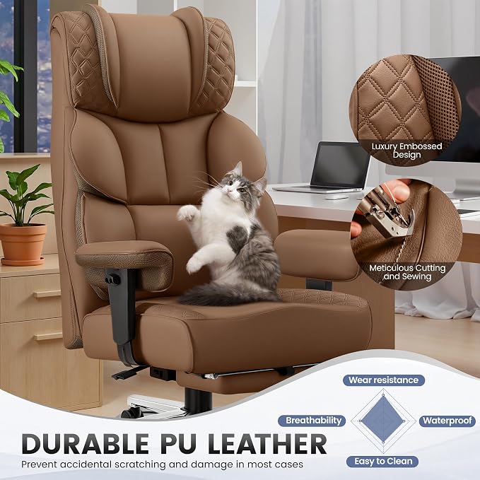 BestGlory Office Desk Chair, Big and Tall Leather Gaming Chair with Footrest, Ergonomic Comfy Executive High-Back Reclining Computer Chairs, Wide Swivel Rolling Wheels and Padded Lumbar Support,