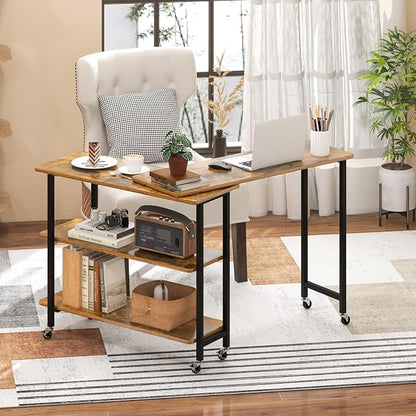 Tangkula 360° Rotating Sofa Side Table, Patented Mobile End Table with 2-Tier Storage Shelves, Swivel Rolling Desk with 6 Lockable Wheels, Metal Frame, Movable Laptop Table Couch Snack Table for Home