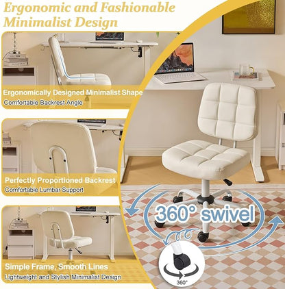 VINGLI Compact Small Desk Chair, Cute Armless Chair with Wheels, Vanity Chair with Low Back, Height Adjustable Task Chair for Small Spaces, Office, Bedroom, Make Up Room, PU Leather, White