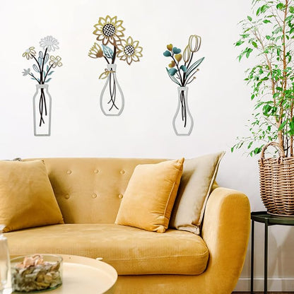 Mcdagogn 3 Pieces Metal Flowers Wall Arts - Rustic Farmhouse Wall Decor, Minimalist Beige Flower Wall Decor for Living room Bathroom Bedroom Laundry Room Kitchen Office - Housewarming Gifts