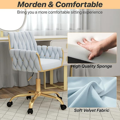 Velvet Modern Home Office Vanity Chair, 360° Swivel Adjustable Height Makeup Desk Chair with Golden Base and Hand Woven Backrest for Bedroom/Study/Vanity (Baby Blue)