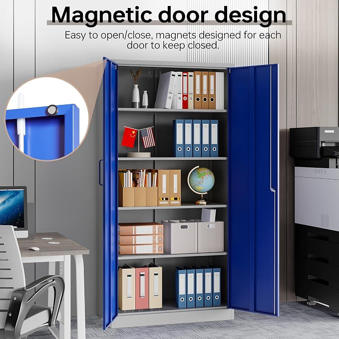 Metal Storage Cabinet with Lock, 71" Black Garage Cabinets with 2 Doors and 4 Adjustable Shelves, Steel Locking Caninet Tall Tool Storage Cabnet, Lockable File Caninets for Home Office, Pantry