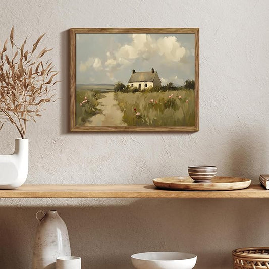 Vintage Wall Art, Framed English Countryside Cottage Painting Print, Country Farmhouse Canvas Wall Art, Rustic Landscape Pictures Artwork Wall Decor for Bedroom Living Room – 8x10 inch