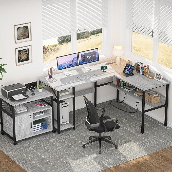 Unikito L Shaped Computer Desk with Magic Power Outlets and USB Charging Ports, Sturdy Reversible Corner Desk with Storage Shelves, Modern Work Desk for Home Office, Easy to Assemble, White Oak