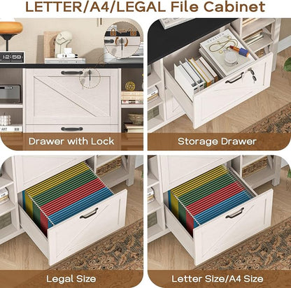 Halitaa 44" Lateral File Cabinet with Adjustable Shelves, Farmhouse 2 Drawer Filing Cabinet with Lock for Legal/A4/Letter, Wooden Printer Stand Office Furniture for Home Office, White and Black