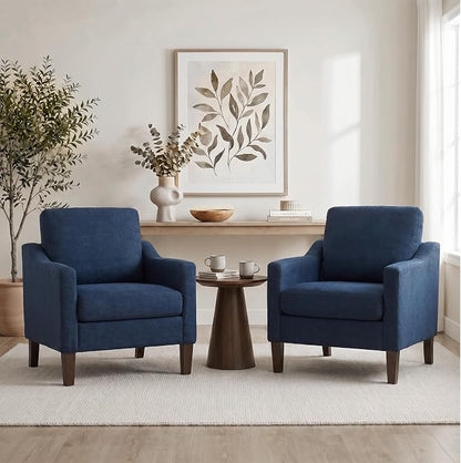 VKNOW Mid-Century Accent Chairs Set of 2, No Tools Assembly Required, Modern Upholstered Polyester Armchairs for Living Room & Bedroom, Comfortable Reading Chairs with Wood Legs, Navy Blue