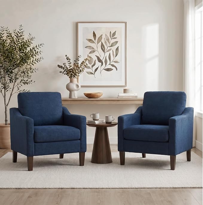 VKNOW Mid-Century Accent Chair, No Tools Assembly Required, Modern Upholstered Polyester Armchair for Living Room,Comfy Reading Accent Chairs with Wood Legs for Bedroom, Navy Blue
