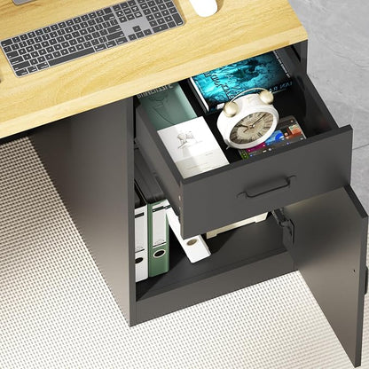 85.8 inches L-Reception Desk with Counter Modern Front Table Checkout Counter Table Retail Counter for Reception Room,Salon,Office,Store,Shop,Clinic,Lobbies,Retail,Home,Black and Natural