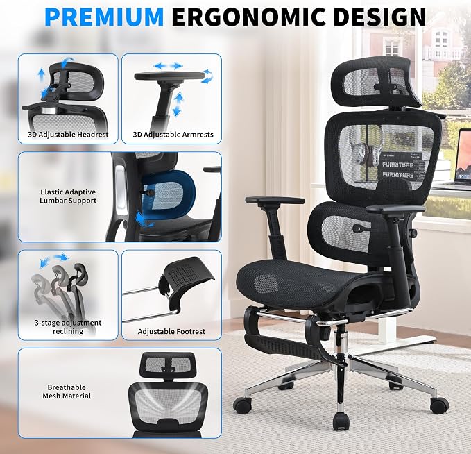 Mesh Ergonomic Office Chair with Footrest, Black | High Back, Lumbar Support, Adjustable Headrest and Armrests, Gaming Chair,Home Office Desk Chair