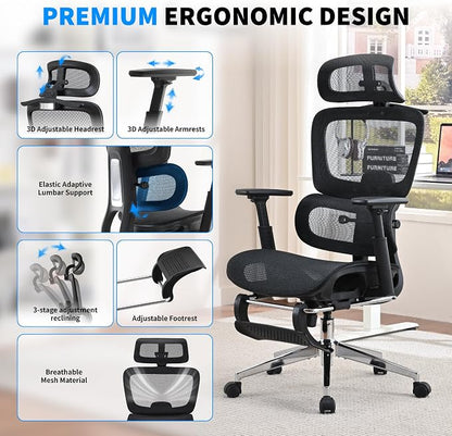 Mesh Ergonomic Office Chair with Footrest, Black | High Back, Lumbar Support, Adjustable Headrest and Armrests, Gaming Chair,Home Office Desk Chair