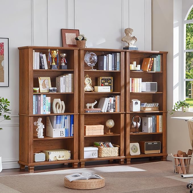 SAVOR LIFE 70" Tall Brown Bookshelf,5 Tier Wooden Book Shelf with Adjustable Shelves & Wood Legs,Free Standing Farmhouse Bookcase with Open Display Storage,Vintage Bookshelves for Classroom, Office
