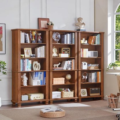 SAVOR LIFE 70" Tall Brown Bookshelf,5 Tier Wooden Book Shelf with Adjustable Shelves & Wood Legs,Free Standing Farmhouse Bookcase with Open Display Storage,Vintage Bookshelves for Classroom, 3PCS