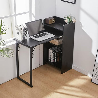 Foldable Desk,Hidden Desk with Storage and Built-in Socket,Mid Century Fold Out Table for Small Spaces,Home Office and Bedroom (Black)