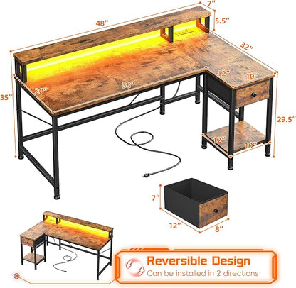 DurayLoly 48" L- Shaped Computer Desk with LED Light and Power Outlet, Reversible Home Office Desk With Drawer and Shelf, Gaming Desk with Monitor Stand for Gamer, Student, Bedroom, Small Space, Brown