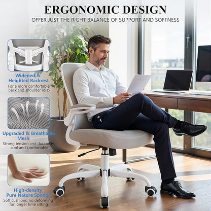 FelixKing Office Chair, Ergonomic Desk Chair Breathable Mesh Chairs Adjustable High Back Lumbar Support Flip-up Armrests, Executive Rolling Swivel Comfy Computer Chairs Home Office Gray